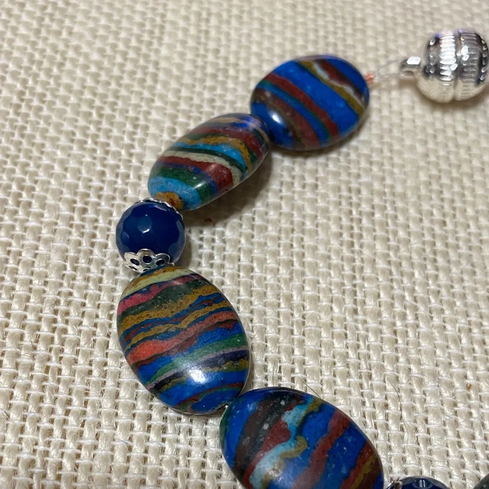 Natural genuine Rainbow Calsillica gemstone artisan Beaded 7.5” Bracelet
